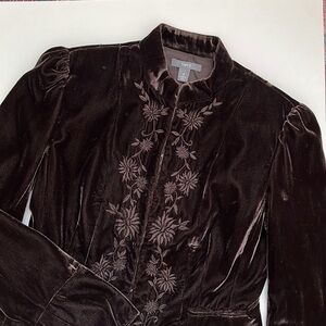 Brown Velvet Blazer Size 4 Floral Embroidered Fully Lined Stand Collar
